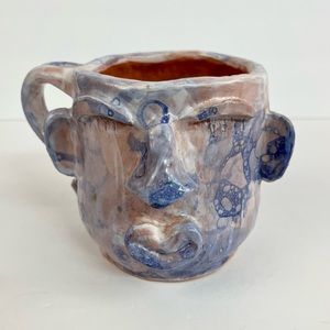 Studio Art Pottery Face Mug Fish Lips Artist Signed Purple White Cream Decor